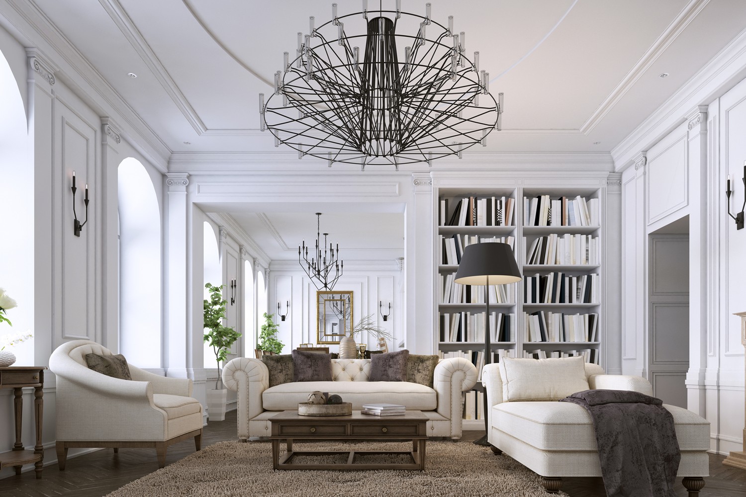 White Furniture & Metal Chandelier